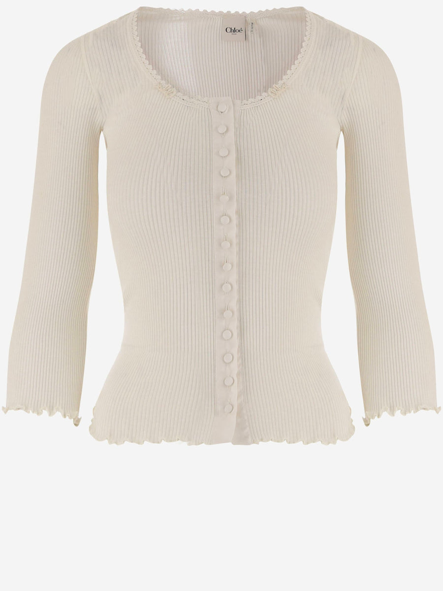 Fitted Cotton-Silk Jersey Top Ivory Tops