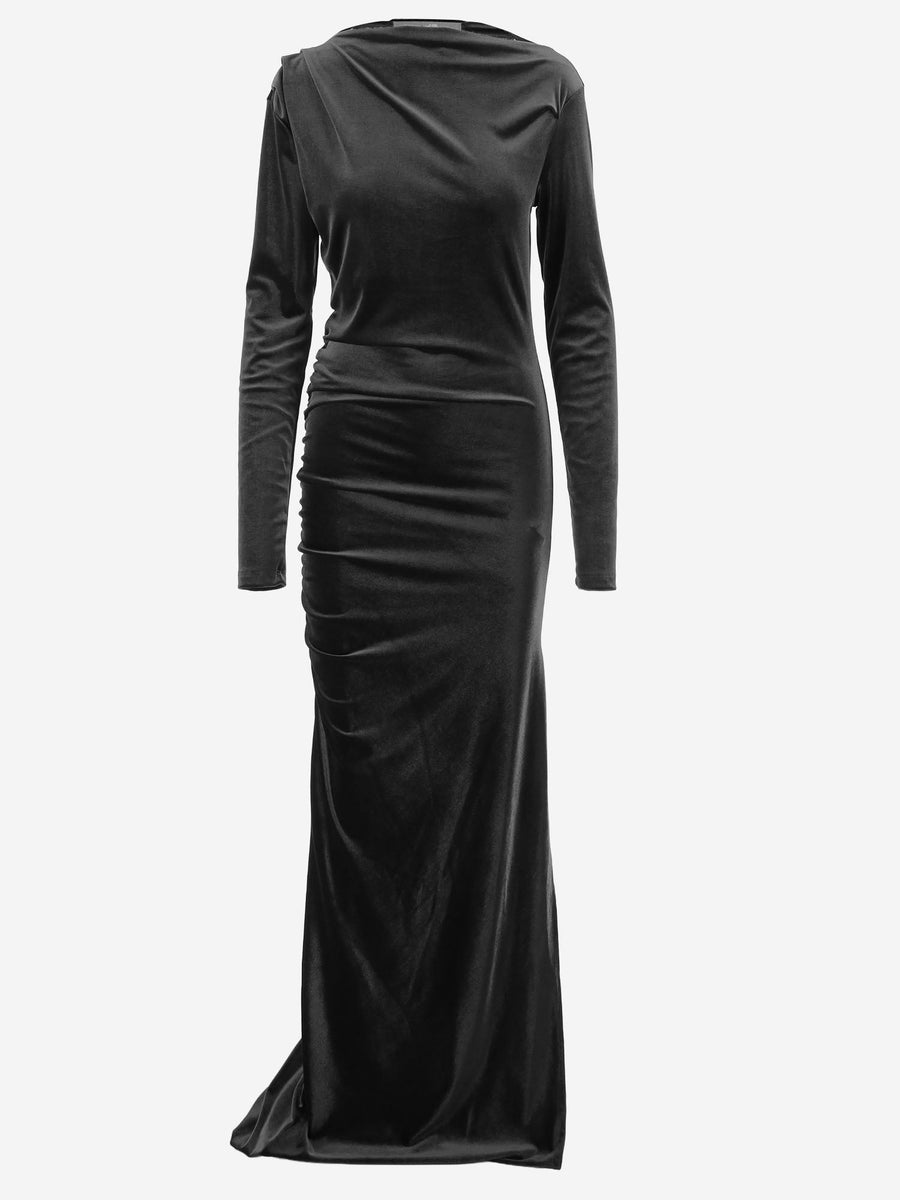 Long Draped Stretch Jersey Dress Black Polyester