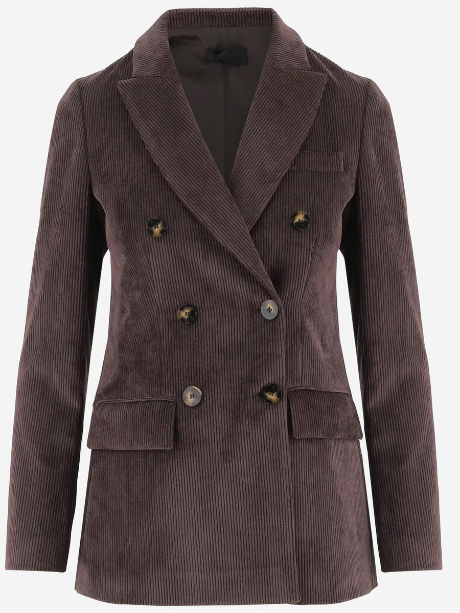 Double-Breasted Stretch Velvet Jacket Brown Polyester