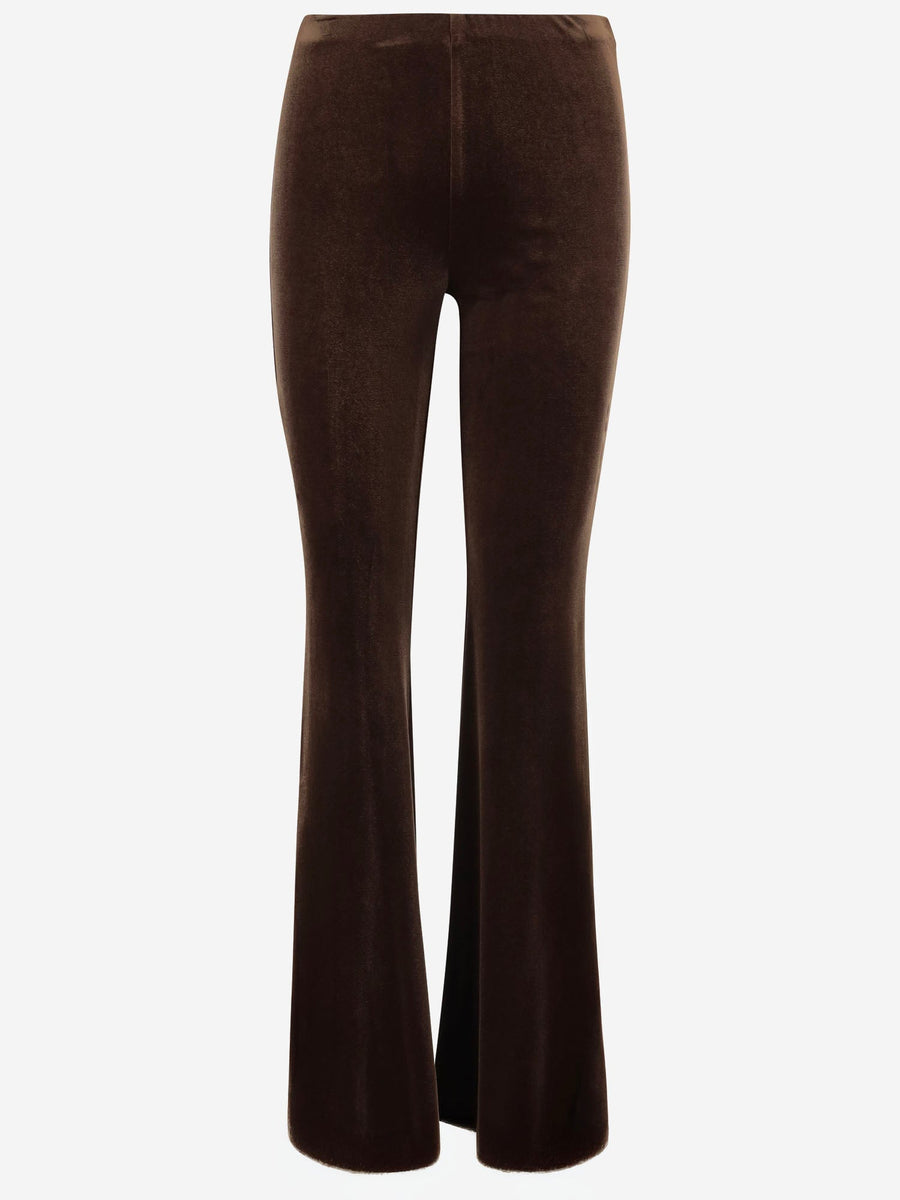 Flared-Leg Trousers Stretch Velvet Dark Brown Polyester