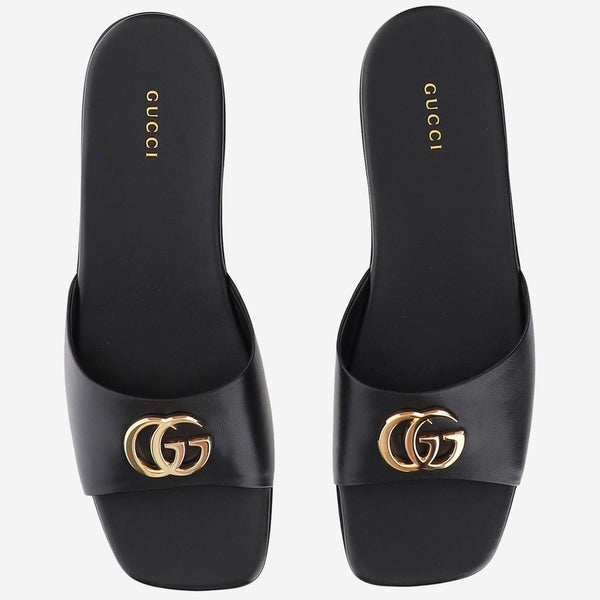Slider Sandals With Logo Black Leather Lambskin