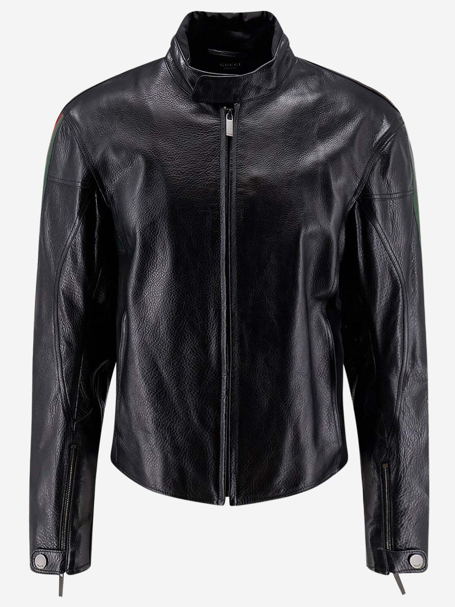 Leather Bomber Jacket With Web Details Black