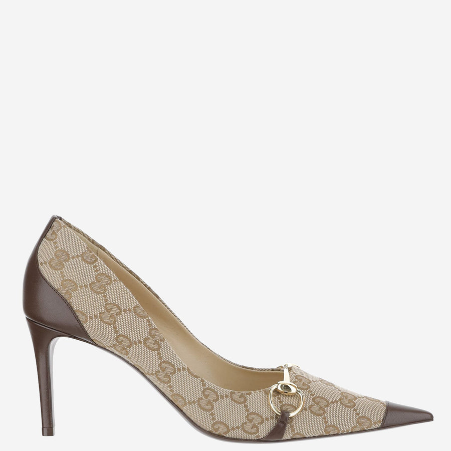 Mid-Heel Donna Pumps Gg Fabric Vintage Sand/dark Brown And Leather