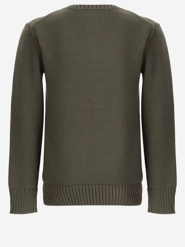 Kids Knit Sweater With Bear Motif Military Green Cotton