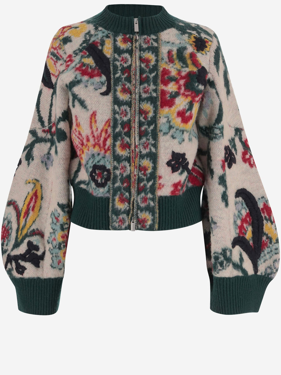 Wool Sweater With Zipper, Floral Print Multicolour
