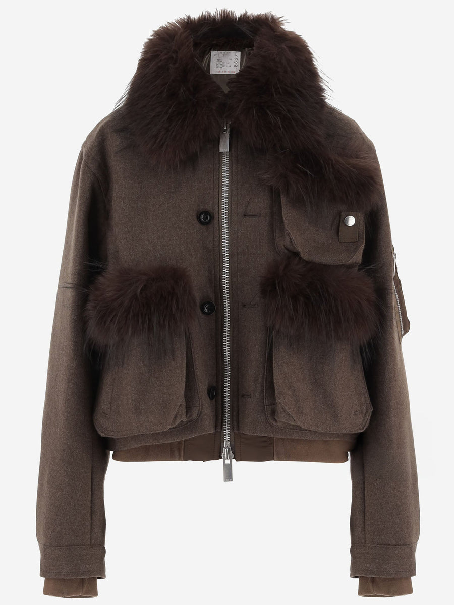 Wool Jacket With Faux Fur Inserts Brown