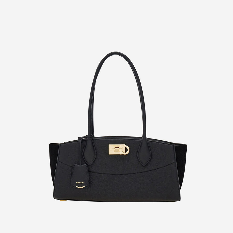 Shoulder Bag East West Embossed Leather Black And Suede