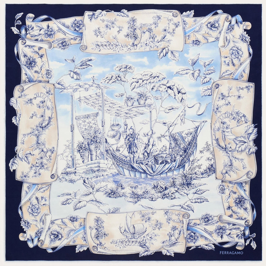 Silk Scarf Voyage Print Navy