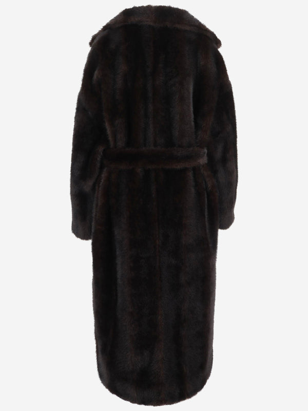 Faux Fur Belted Coat Dark Brown Polyester