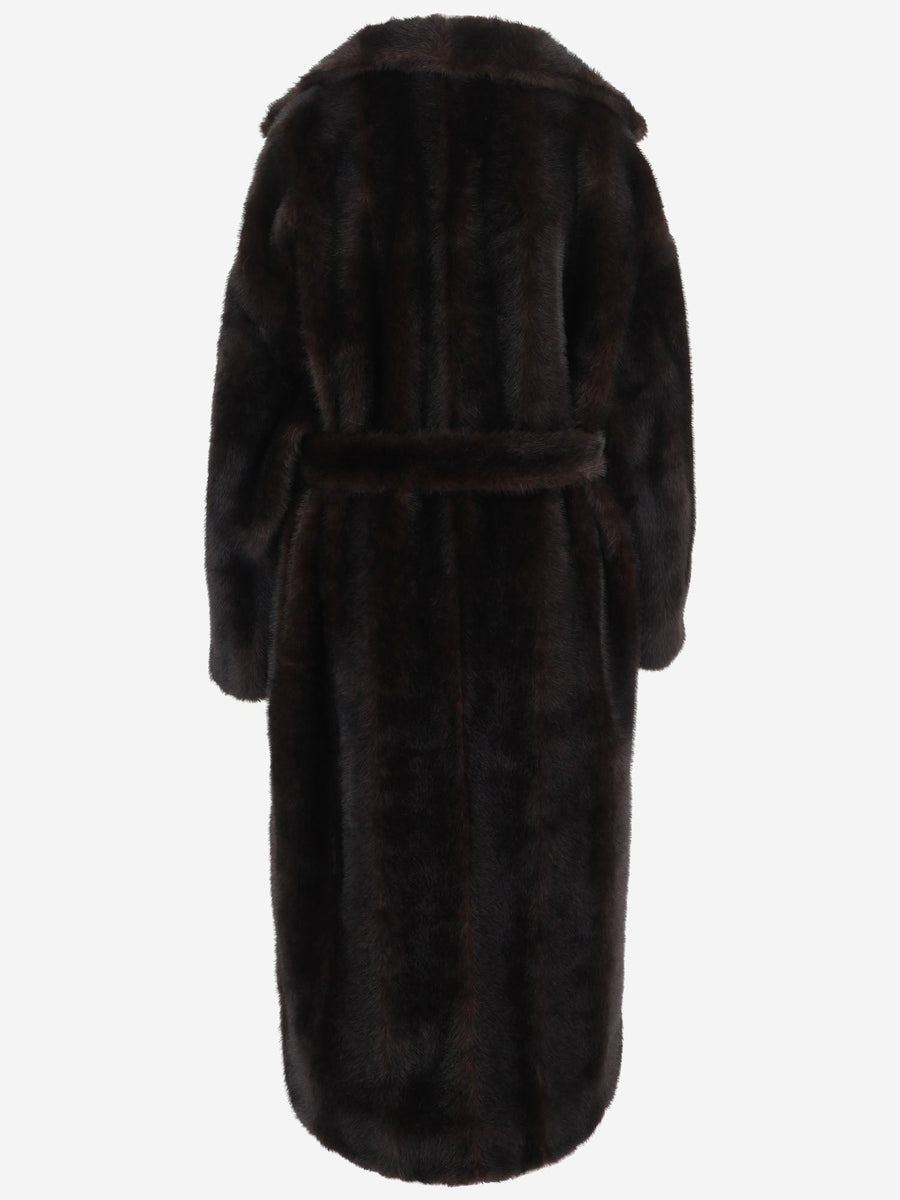 Faux Fur Belted Coat Dark Brown Polyester