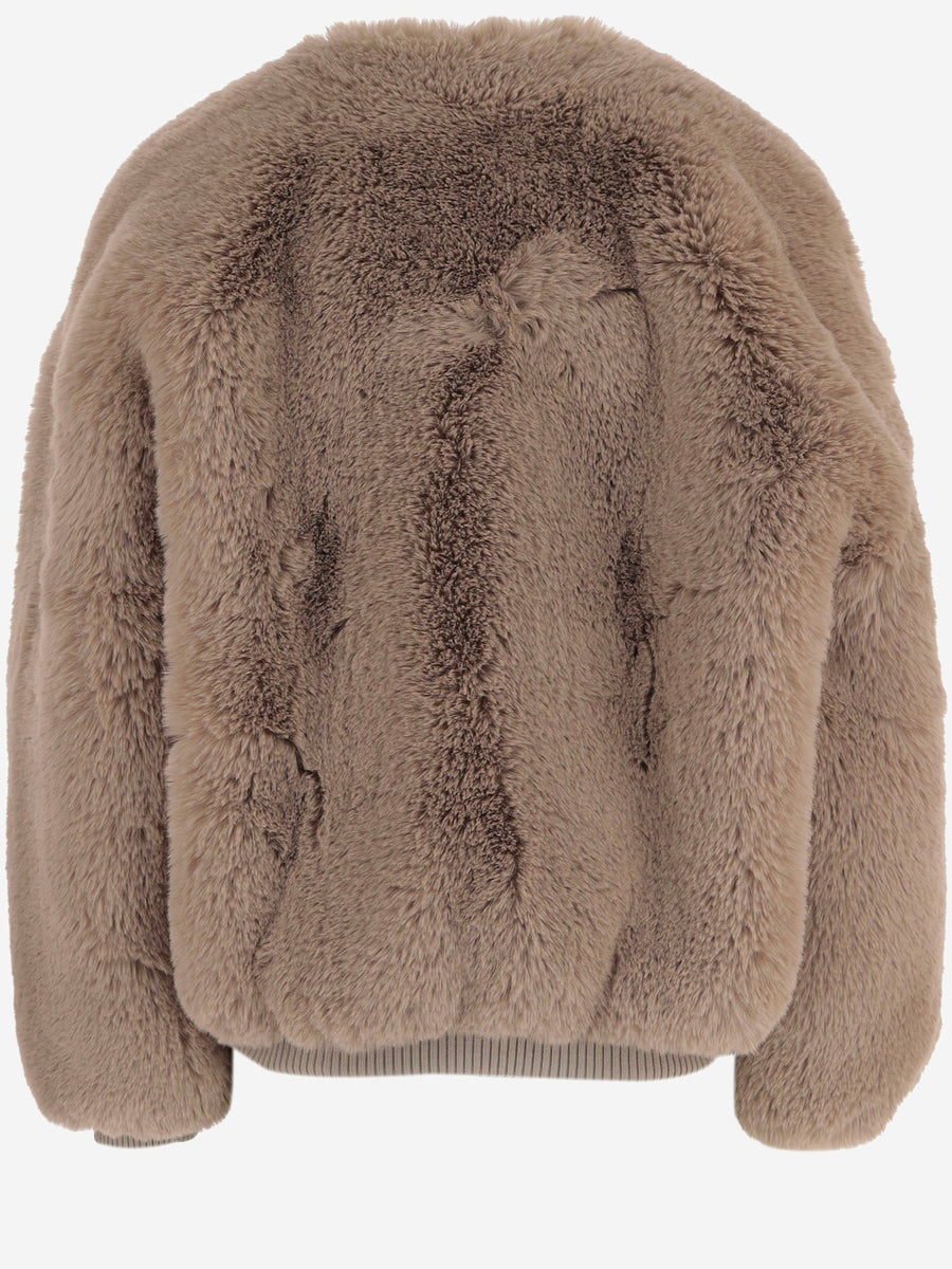 Faux Fur Zip-Up Jacket Beige Polyester