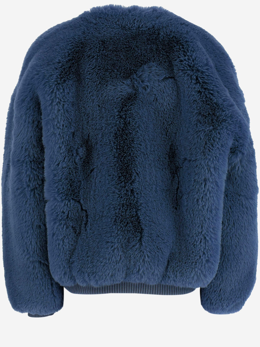 Faux Fur V-Neck Jacket Navy Polyester