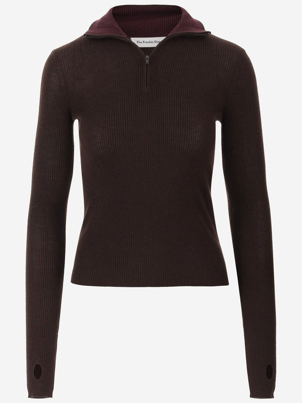 Half-Zip Ribbed Wool And Silk Sweater Brown Merino
