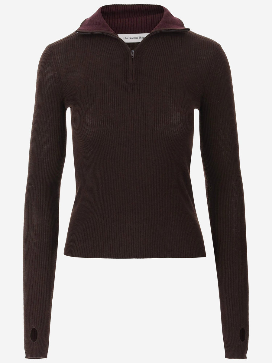 Half-Zip Ribbed Wool And Silk Sweater Brown Merino