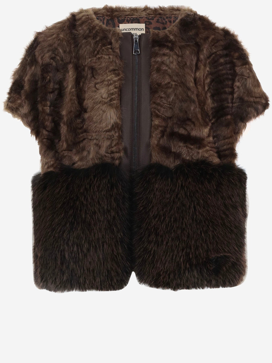 Faux Fur Zipped Gilet Brown Polyester Waistcoats & Gilets
