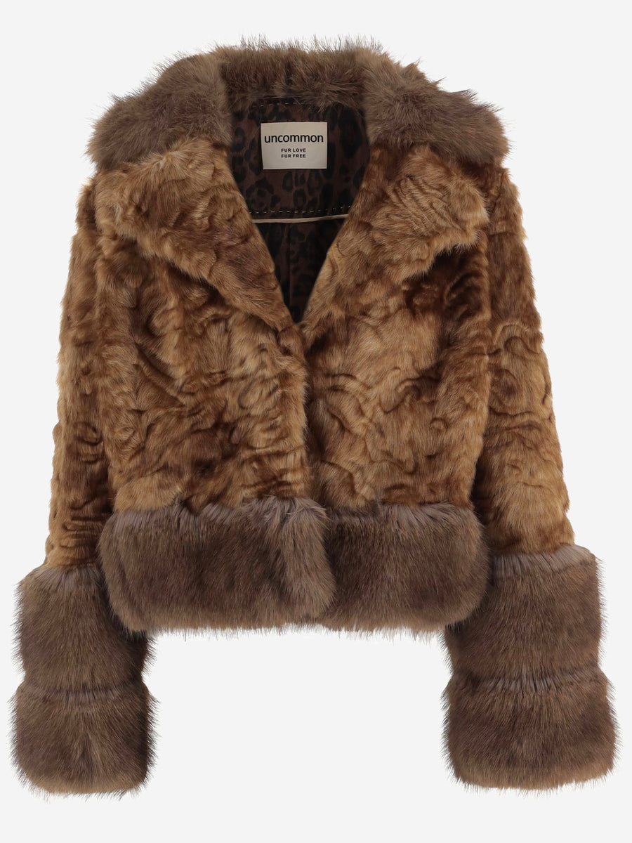 Faux Fur Jacket With Contrast Trim Brown Polyester