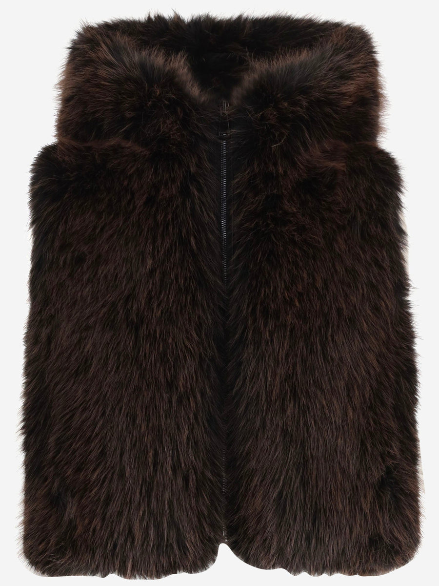 Hooded Gilet Faux Fur Brown Polyester Waistcoats & Gilets