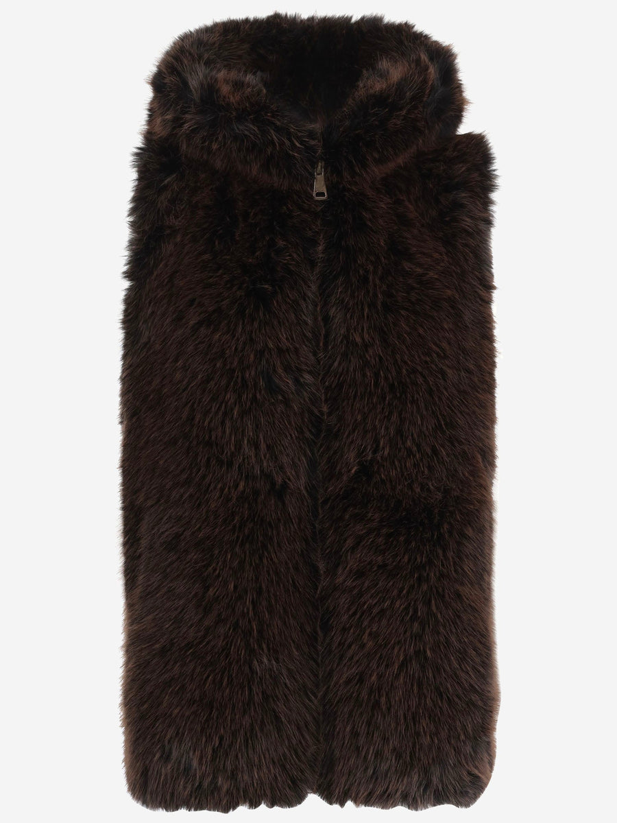 Faux Fur Hooded Gilet Brown Polyester Waistcoats & Gilets