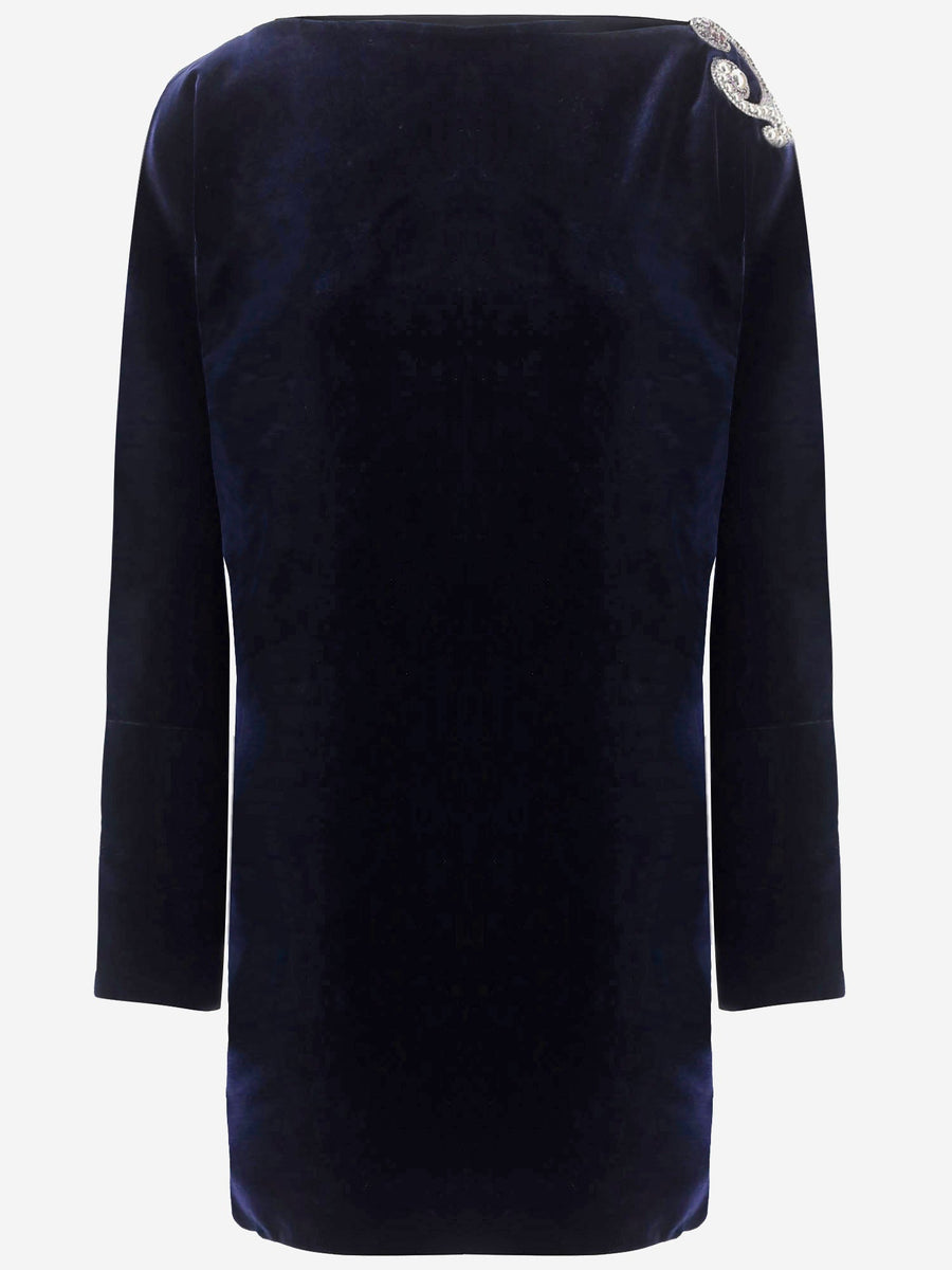 Velvet Mini Dress With Embroidery Dark Navy Viscose
