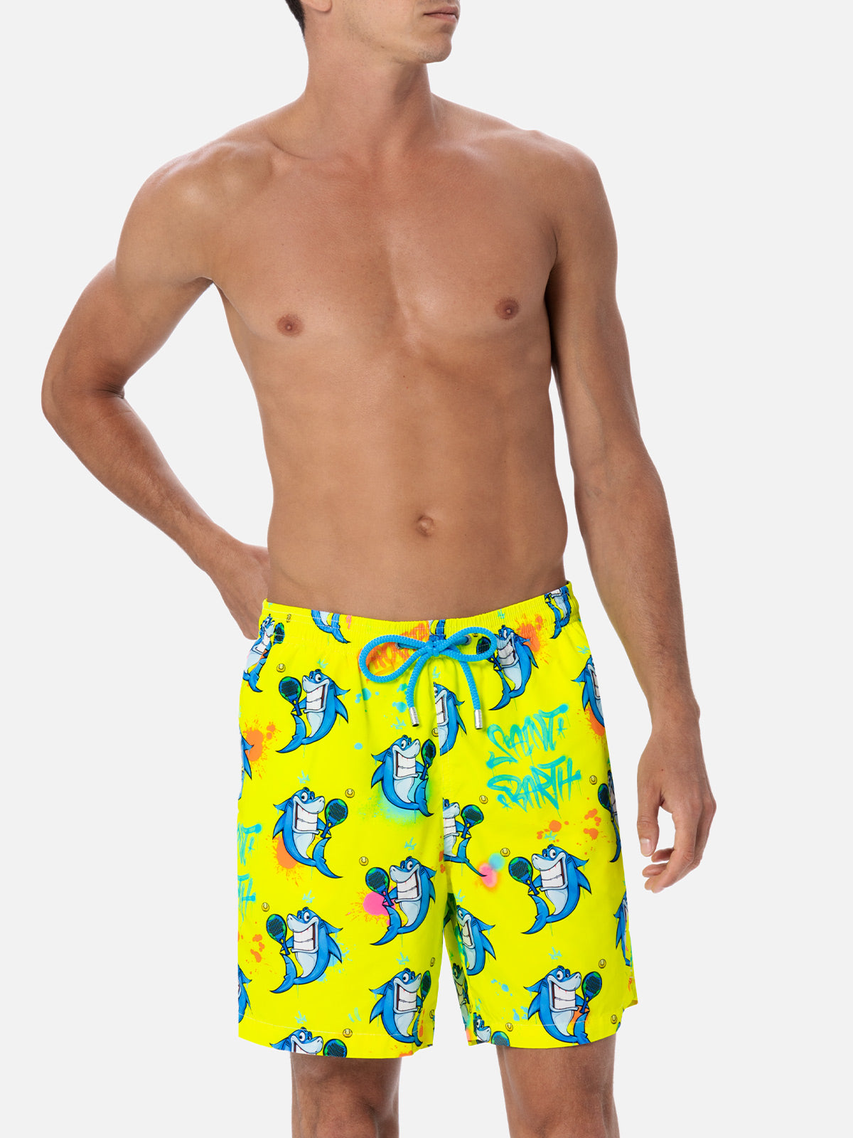 Man Lightweight Fabric Swim-Shorts Lighting With Cryptopuppets Print | Special Edition Fluo Swimshort