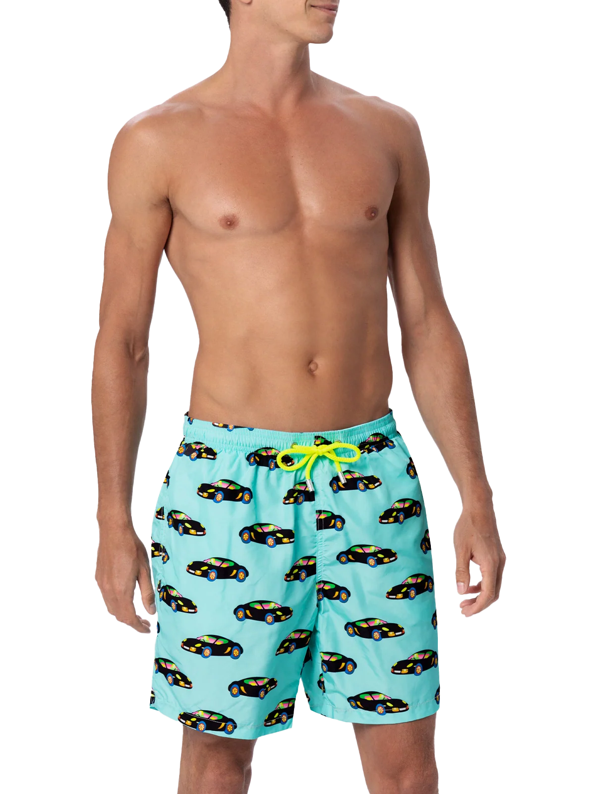 Man Lightweight Fabric Swim-Shorts Lighting With Lodola Car Print |marco Special Edition Green Swimshort