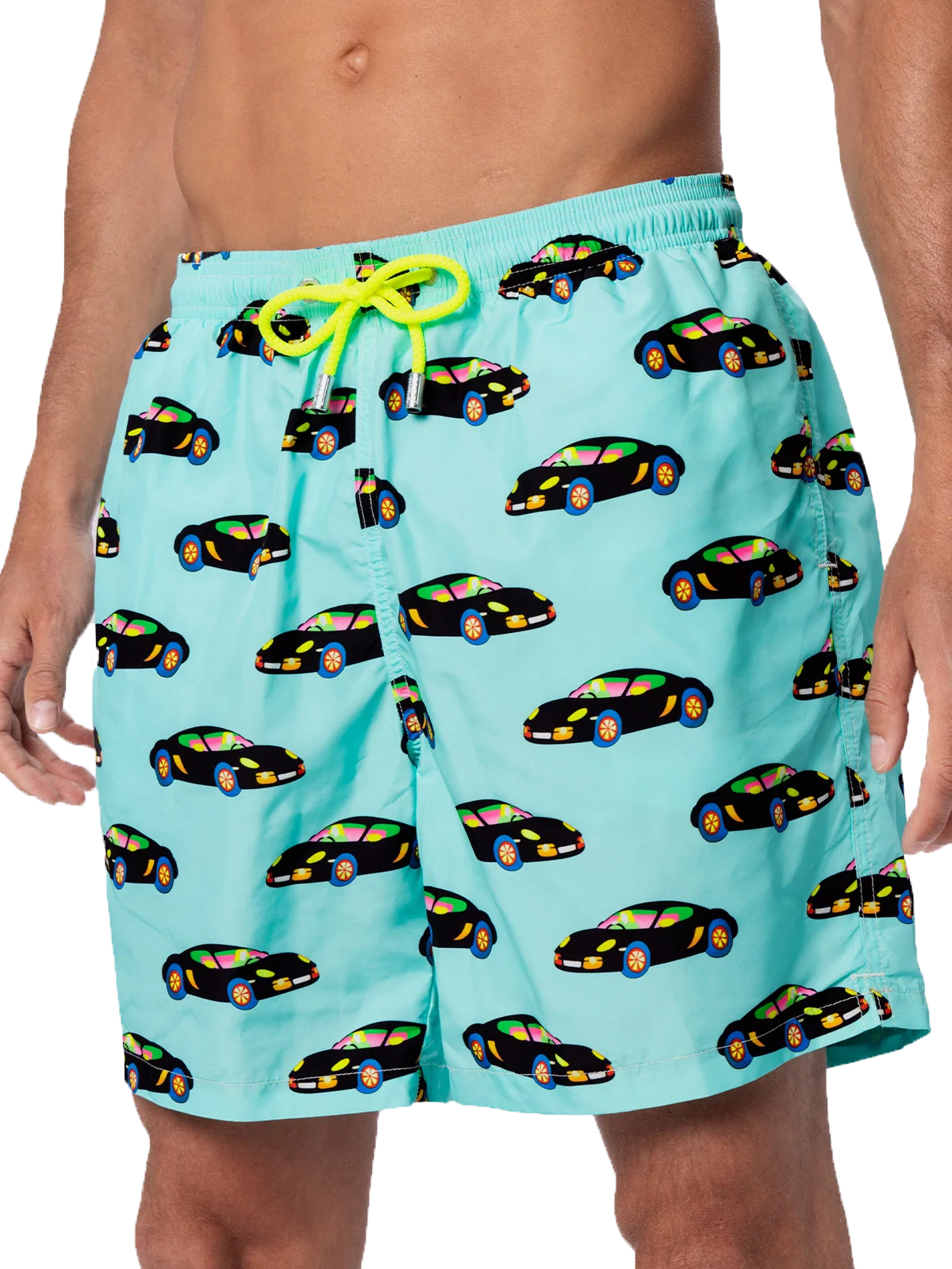 Man Lightweight Fabric Swim-Shorts Lighting With Lodola Car Print |marco Special Edition Green Swimshort