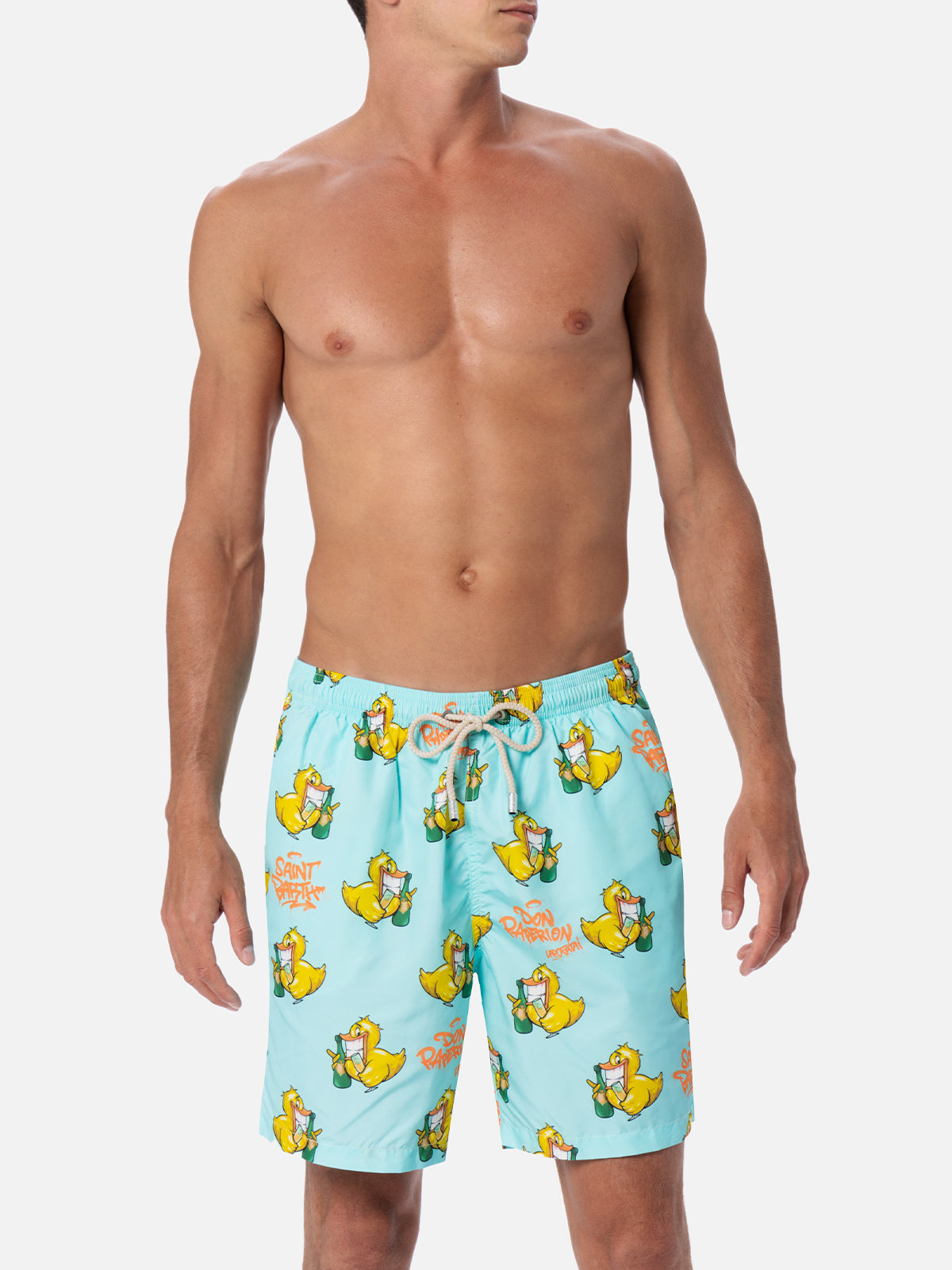 Man Lightweight Fabric Swim-Shorts Lighting With Cryptopuppets Print | Special Edition Green Swimshort