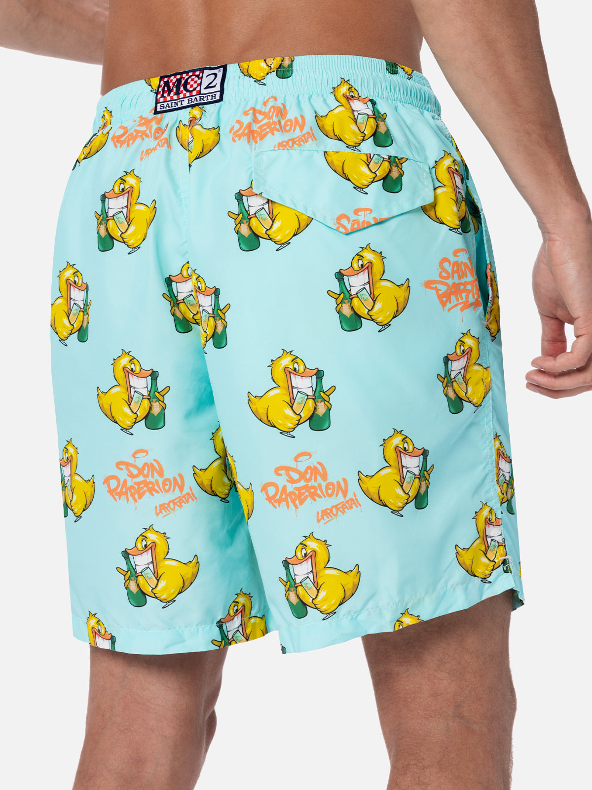 Man Lightweight Fabric Swim-Shorts Lighting With Cryptopuppets Print | Special Edition Green Swimshort