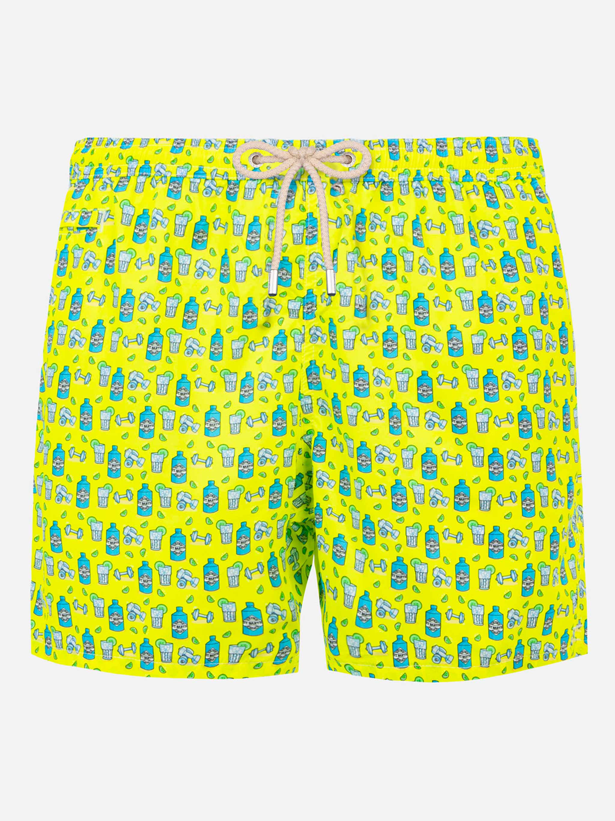 Man Light Fabric Swim Shorts With Gin And Gym Print Yellow Swimshort