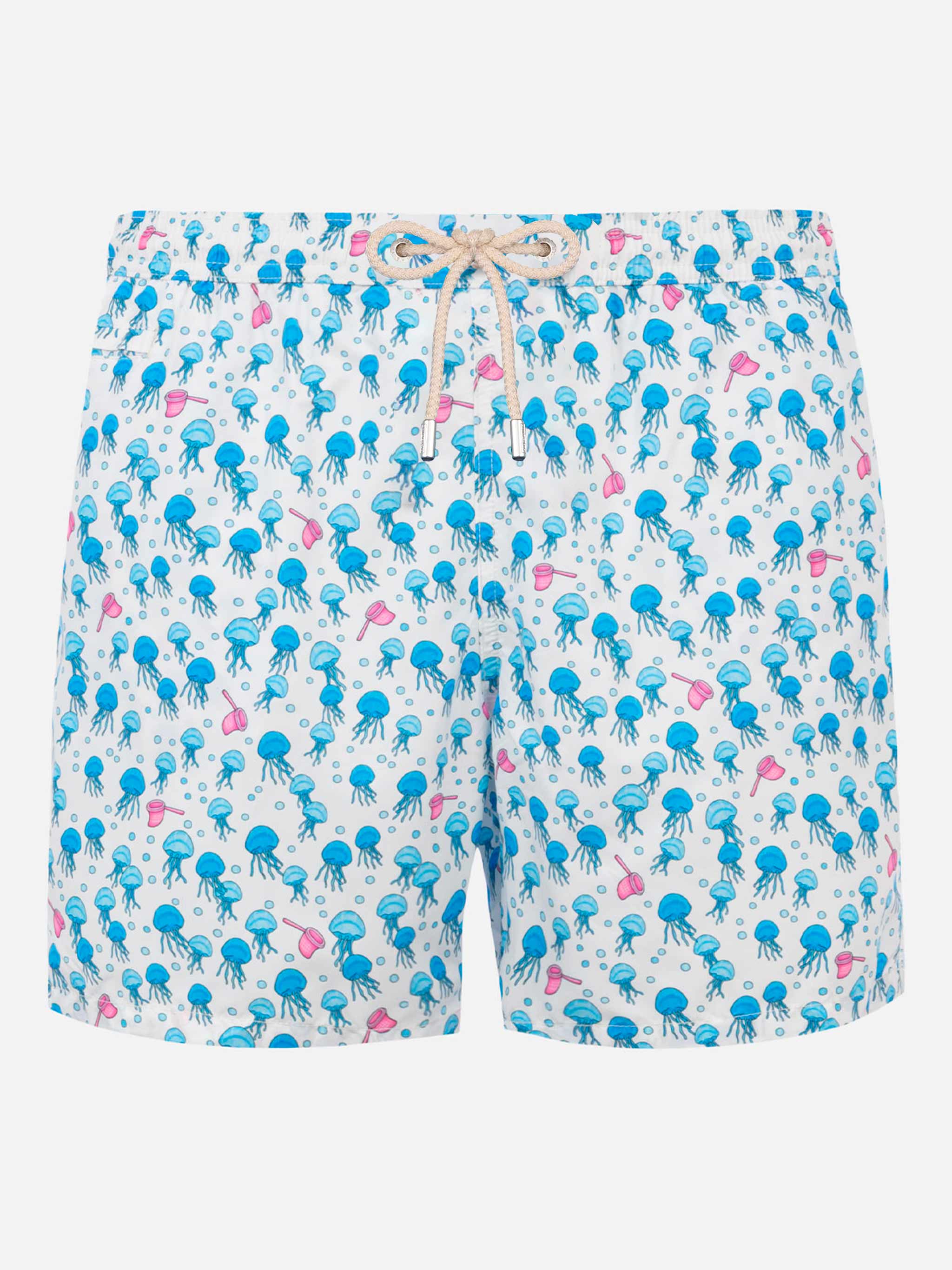 Man Light Fabric Swim Shorts With Jellyfish Print White Swimshort