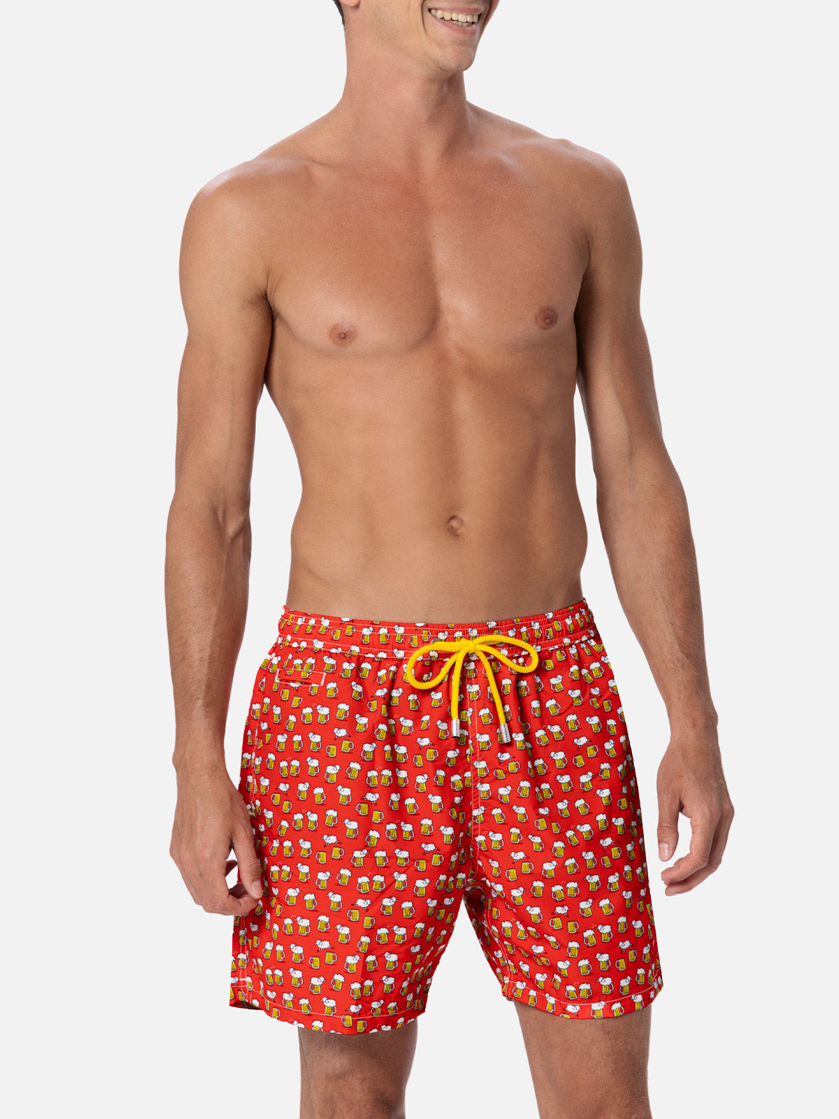 Man Lightweight Fabric Swim-Shorts Lighting Micro Fantasy With Beer Print Red Swimshort