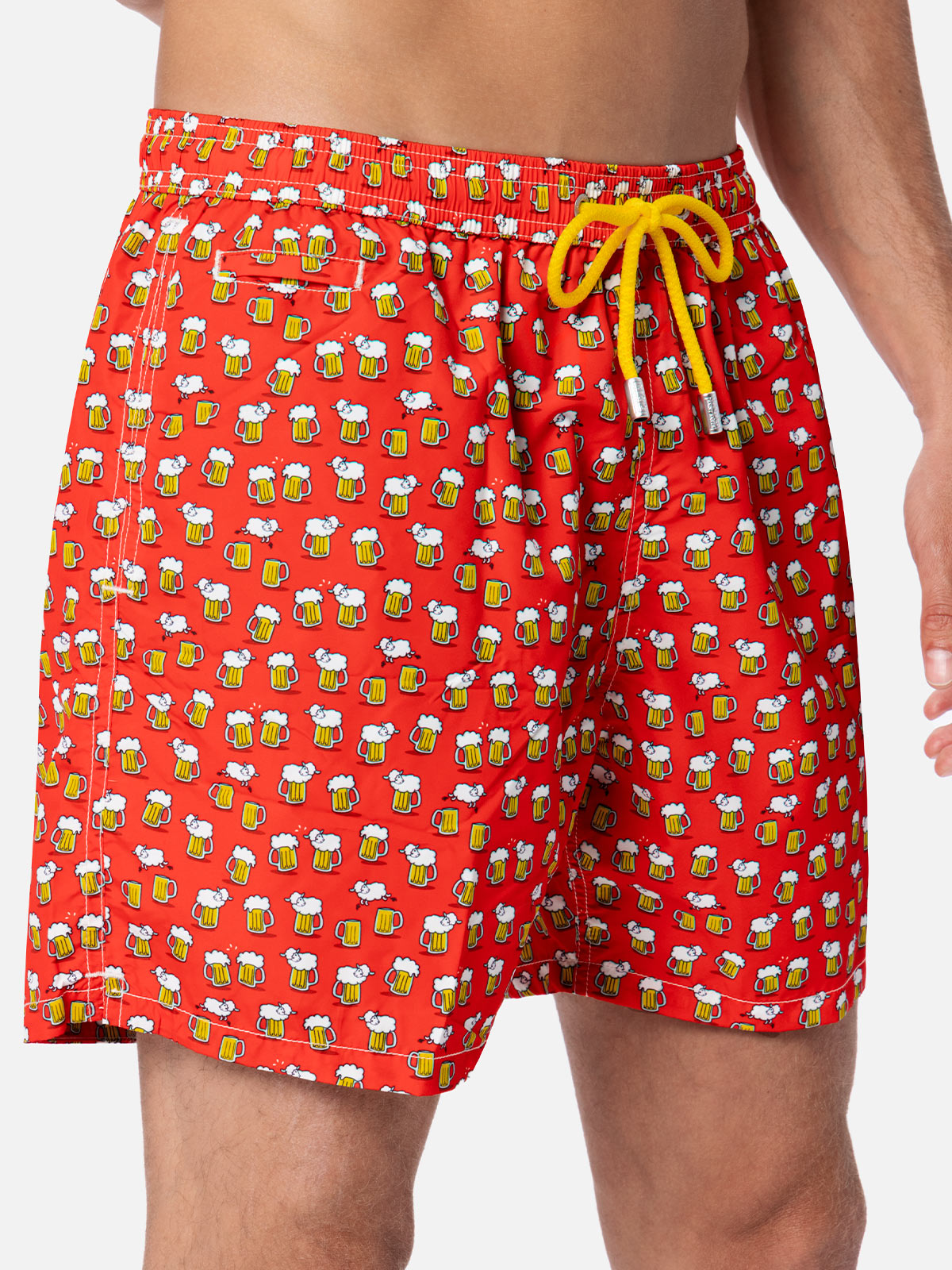 Man Lightweight Fabric Swim-Shorts Lighting Micro Fantasy With Beer Print Red Swimshort
