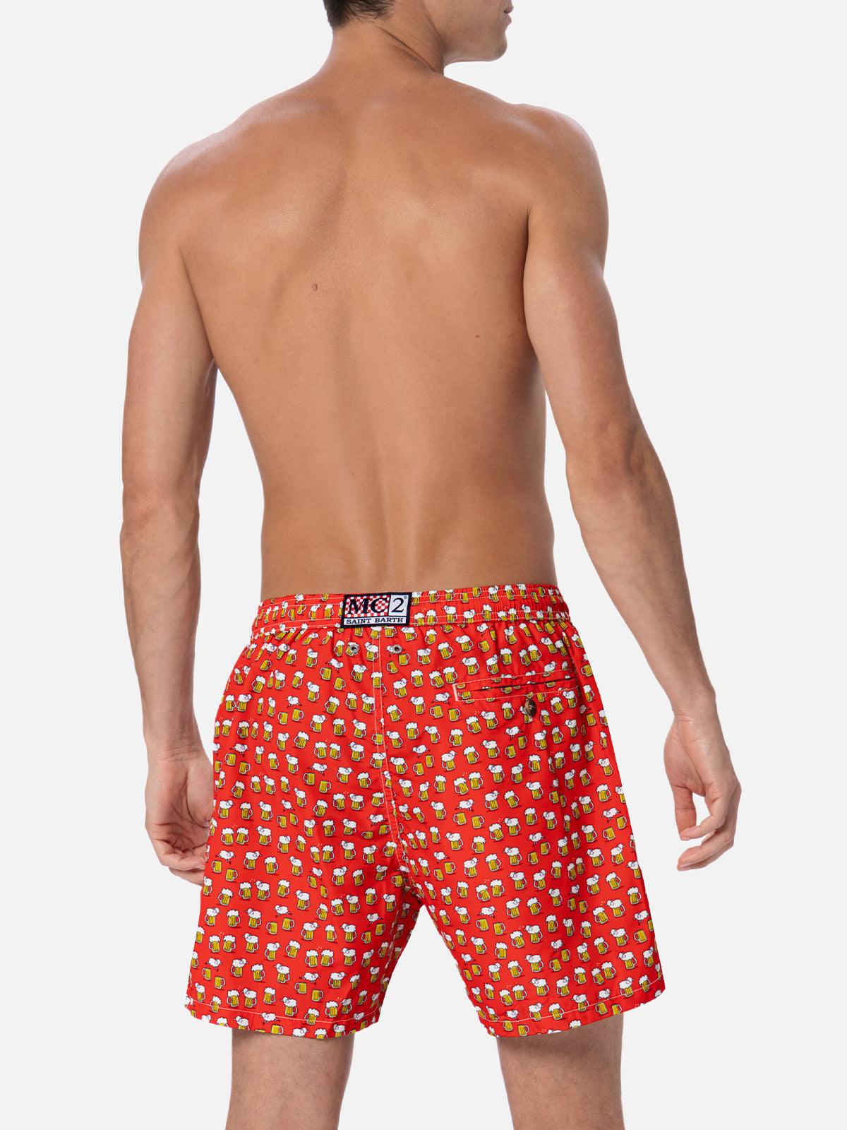 Man Lightweight Fabric Swim-Shorts Lighting Micro Fantasy With Beer Print Red Swimshort