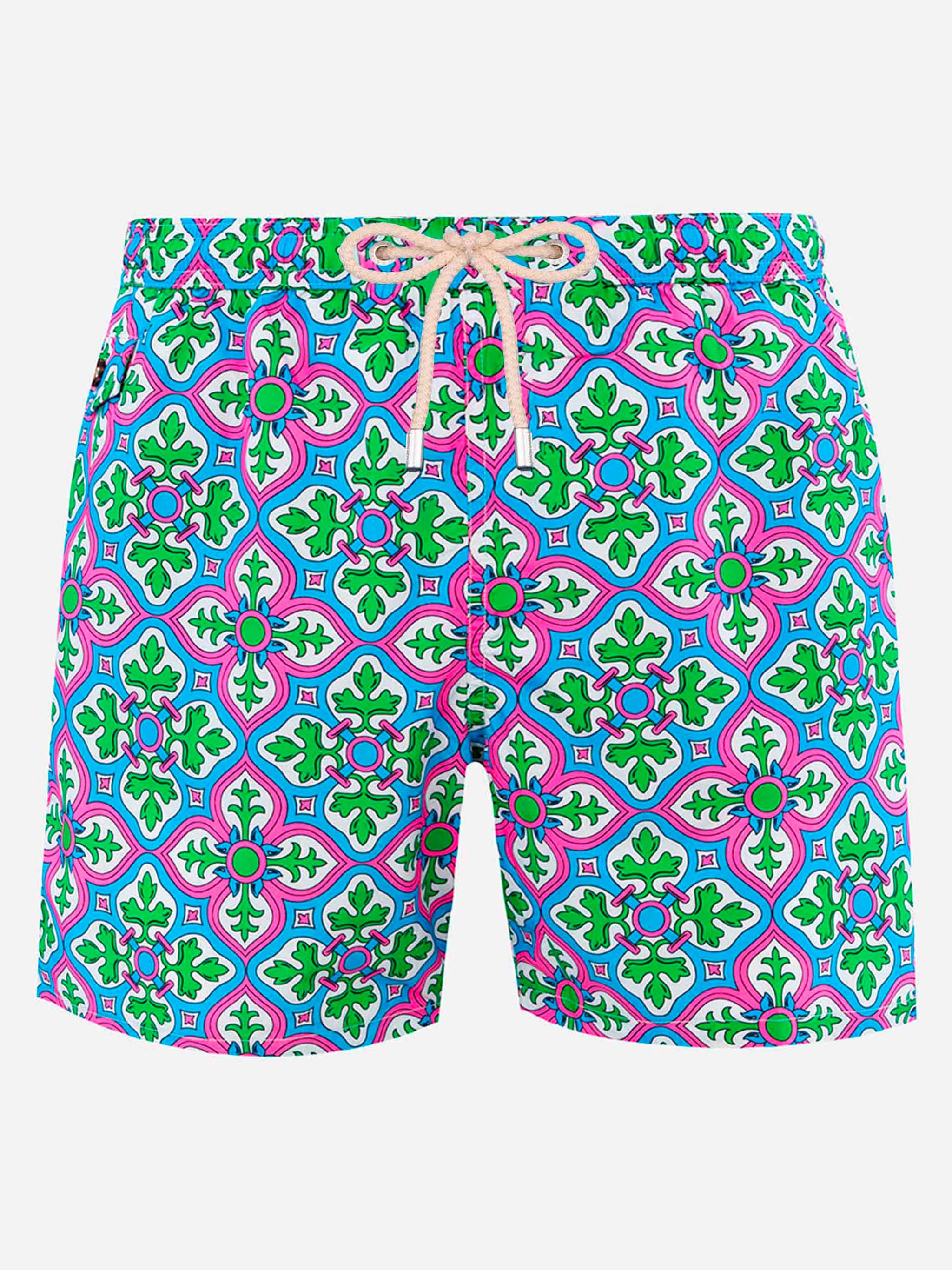 Man Lightweight Fabric Swim-Shorts Lighting 70 With Majolica Print White Swimshort