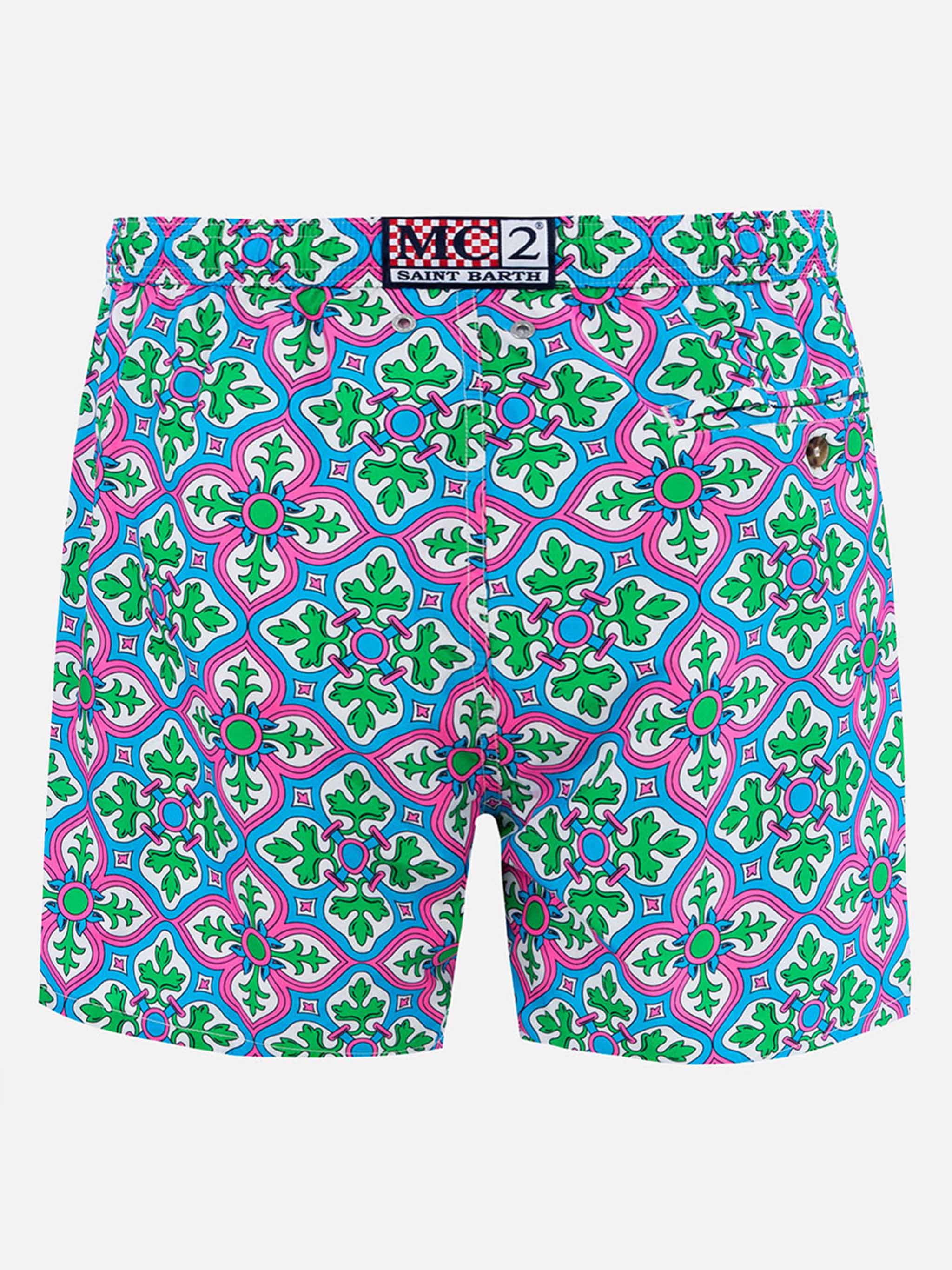 Man Lightweight Fabric Swim-Shorts Lighting 70 With Majolica Print White Swimshort