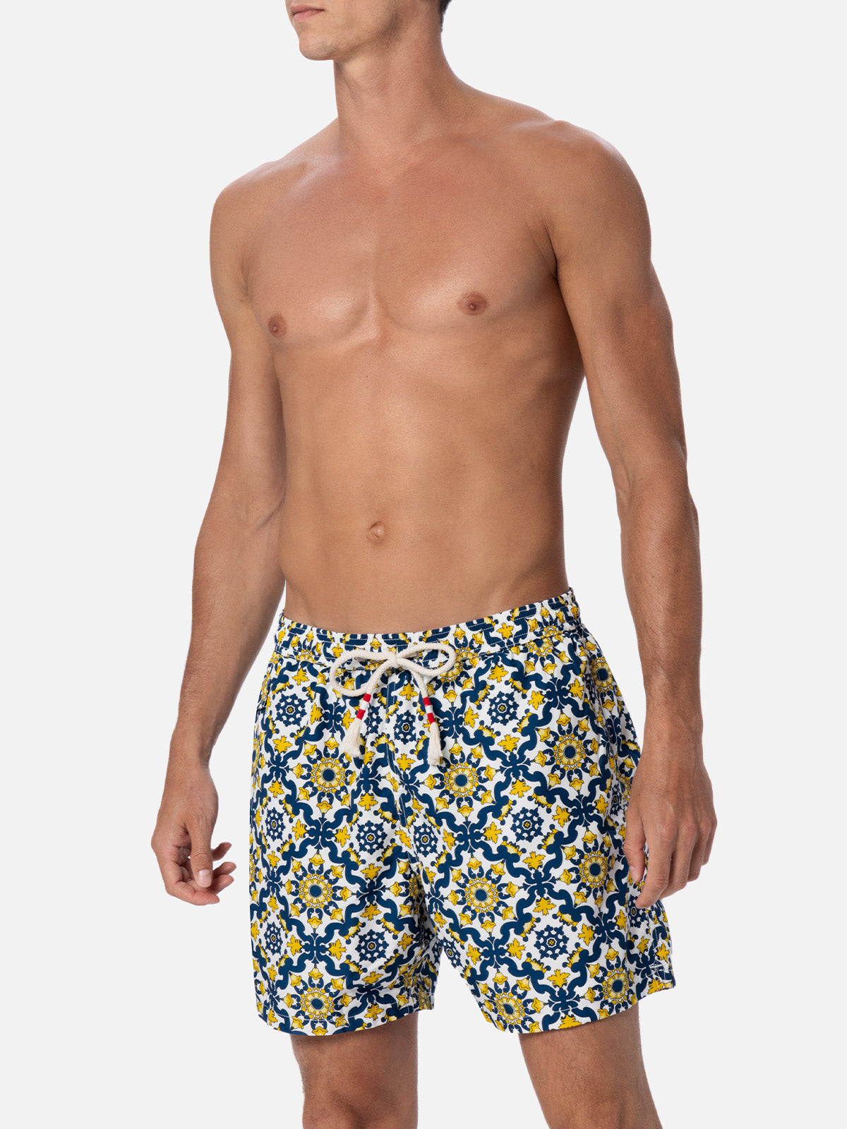 Man Lightweight Fabric Swim-Shorts Lighting 70 With Majolica Print Blue Swimshort
