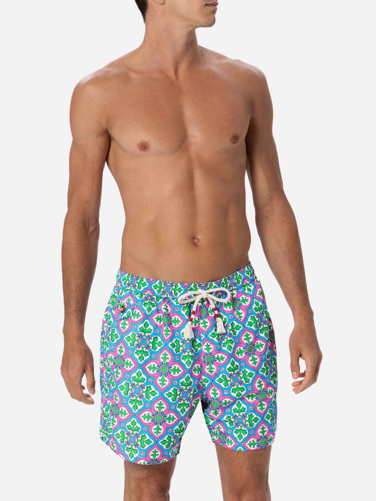 Man Lightweight Fabric Swim-Shorts Lighting 70 With Majolica Print White Swimshort