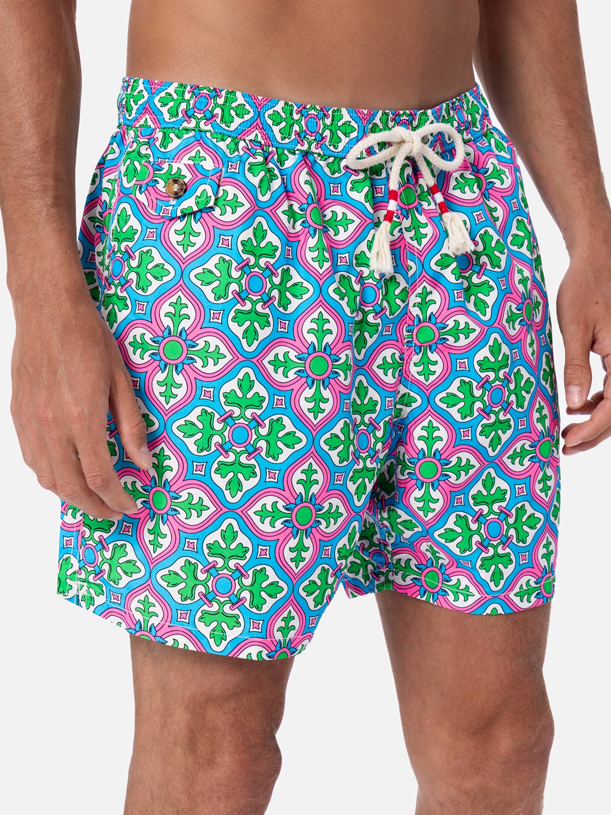 Man Lightweight Fabric Swim-Shorts Lighting 70 With Majolica Print White Swimshort