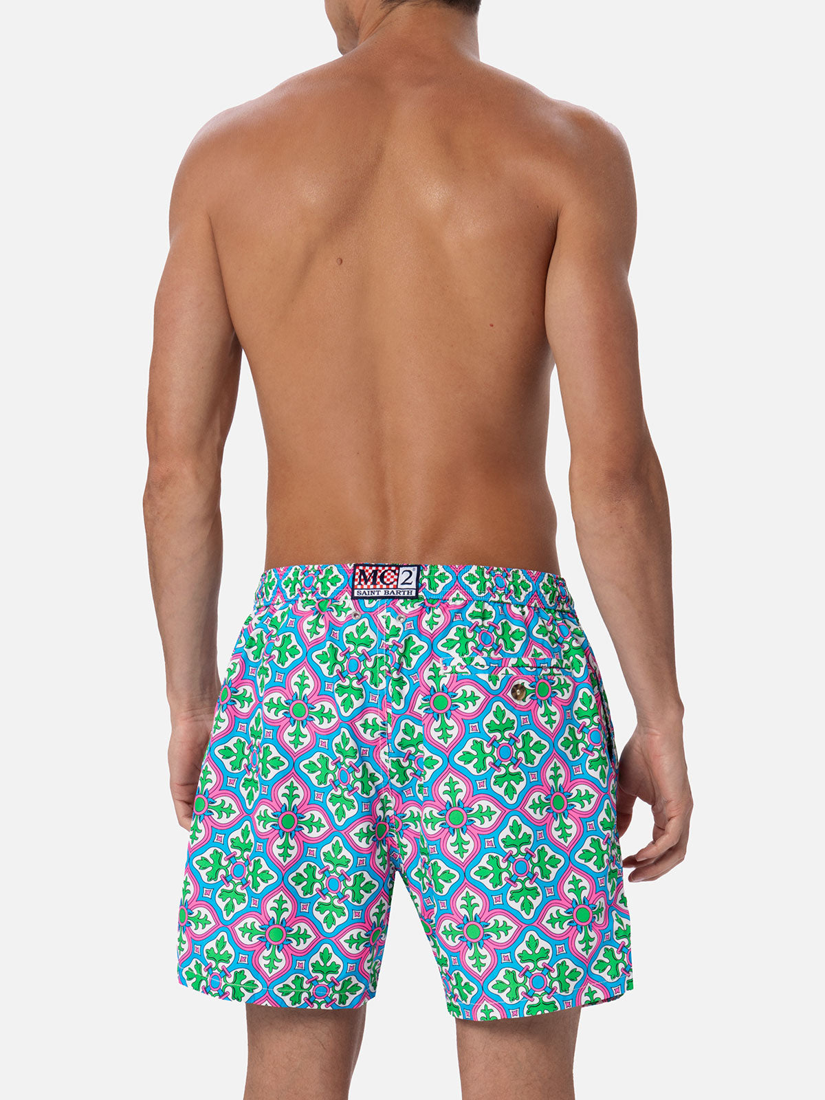 Man Lightweight Fabric Swim-Shorts Lighting 70 With Majolica Print White Swimshort
