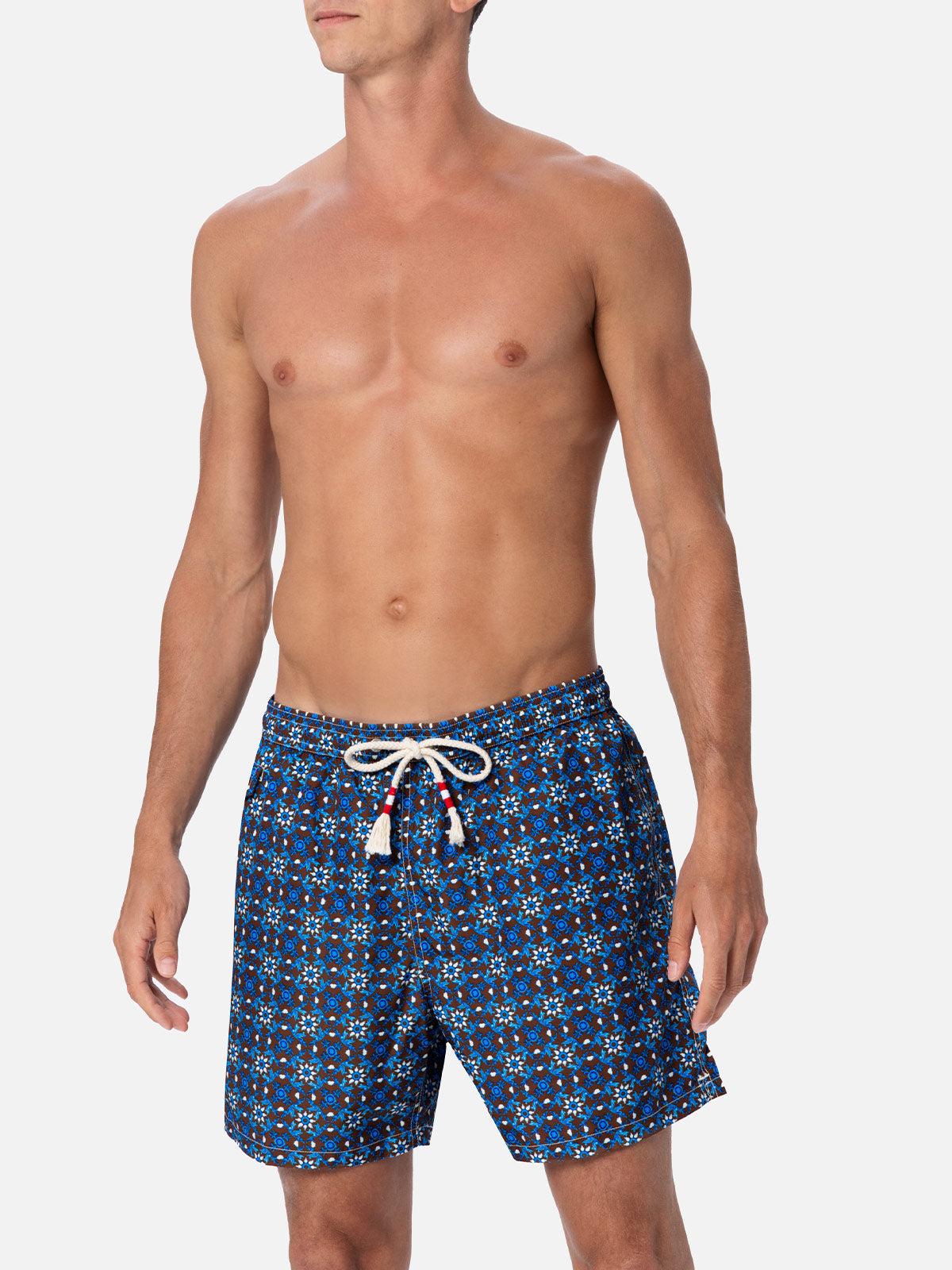 Man Lightweight Fabric Swim-Shorts Lighting 70 With Majolica Print Brown Swimshort