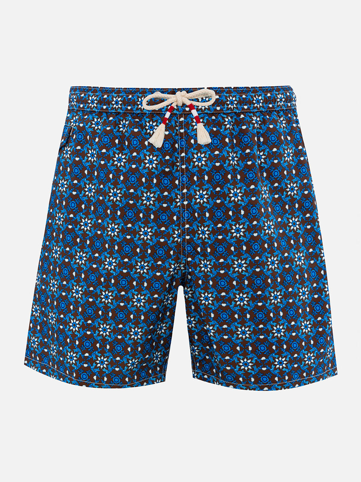 Man Lightweight Fabric Swim-Shorts Lighting 70 With Majolica Print Brown Swimshort