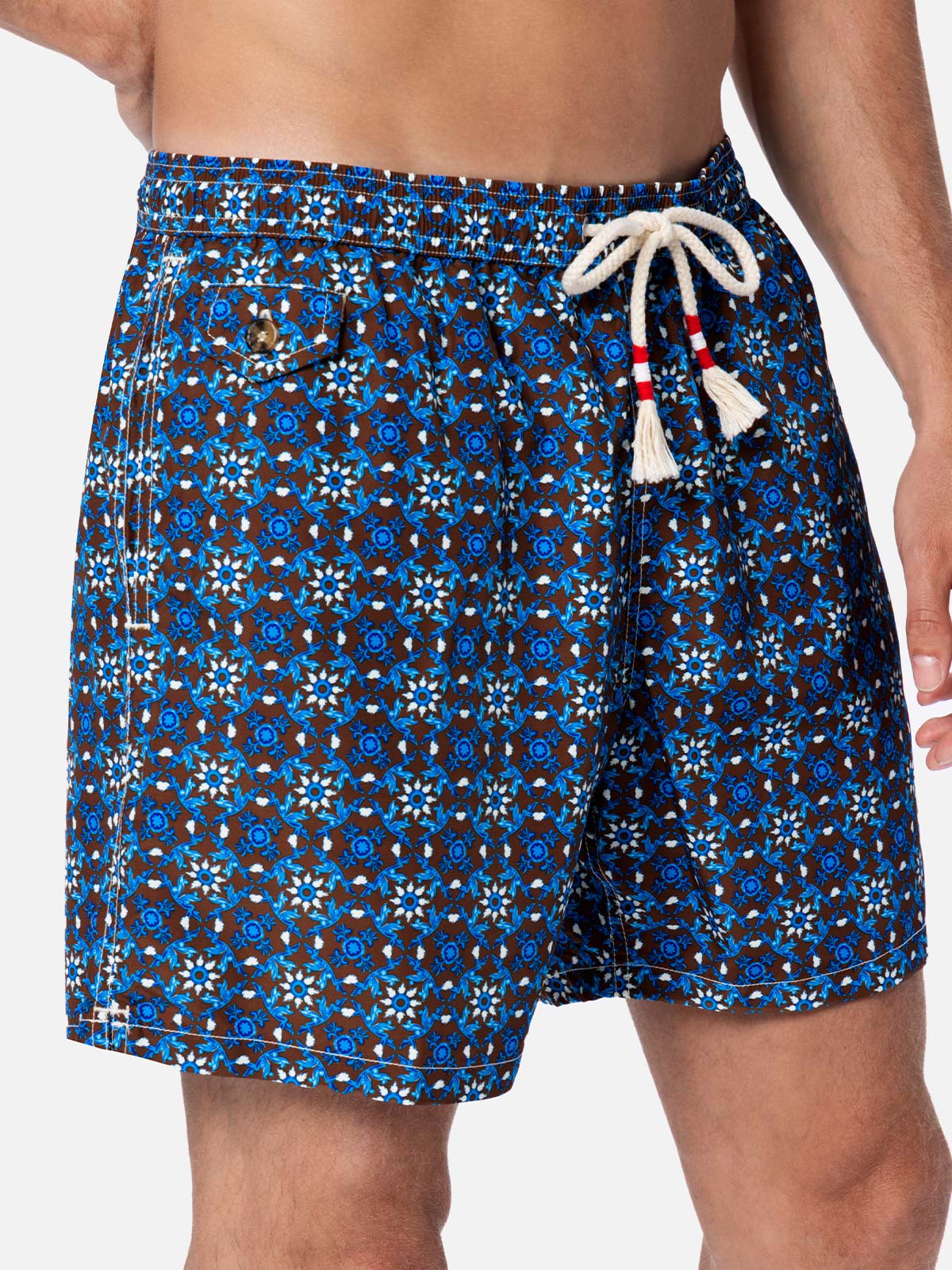 Man Lightweight Fabric Swim-Shorts Lighting 70 With Majolica Print Brown Swimshort