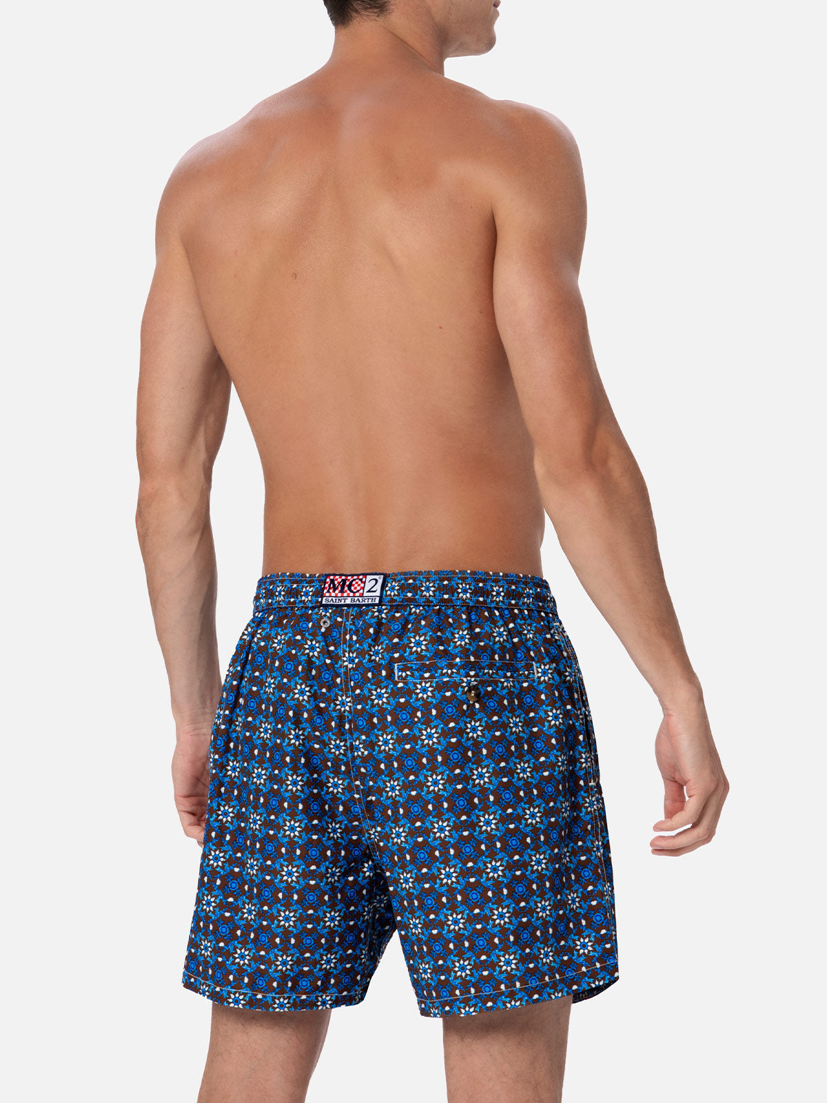 Man Lightweight Fabric Swim-Shorts Lighting 70 With Majolica Print Brown Swimshort