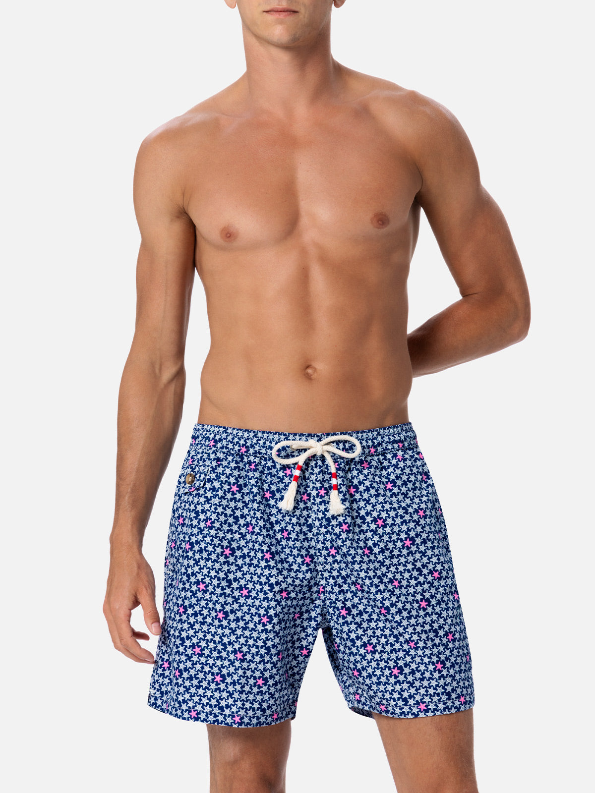 Man Lightweight Fabric Swim-Shorts Lighting 70 With Starfishes Print Blue Swimshort
