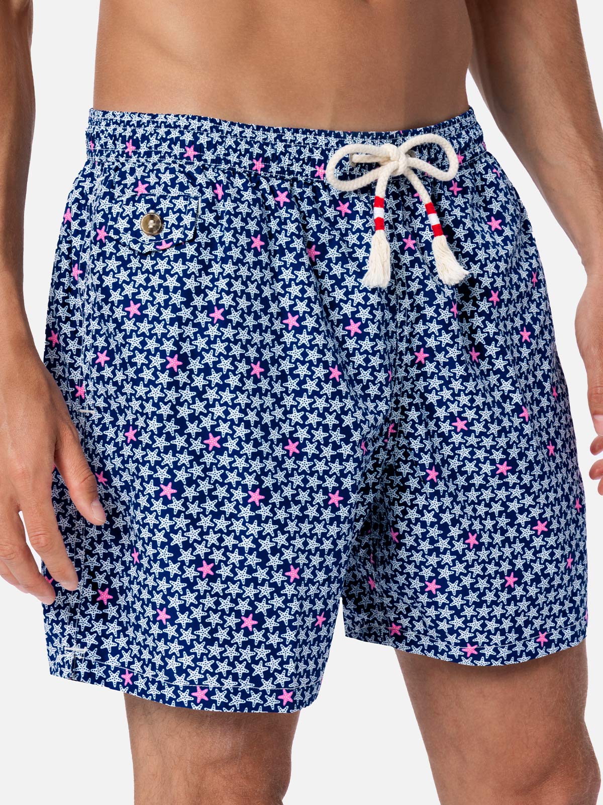 Man Lightweight Fabric Swim-Shorts Lighting 70 With Starfishes Print Blue Swimshort