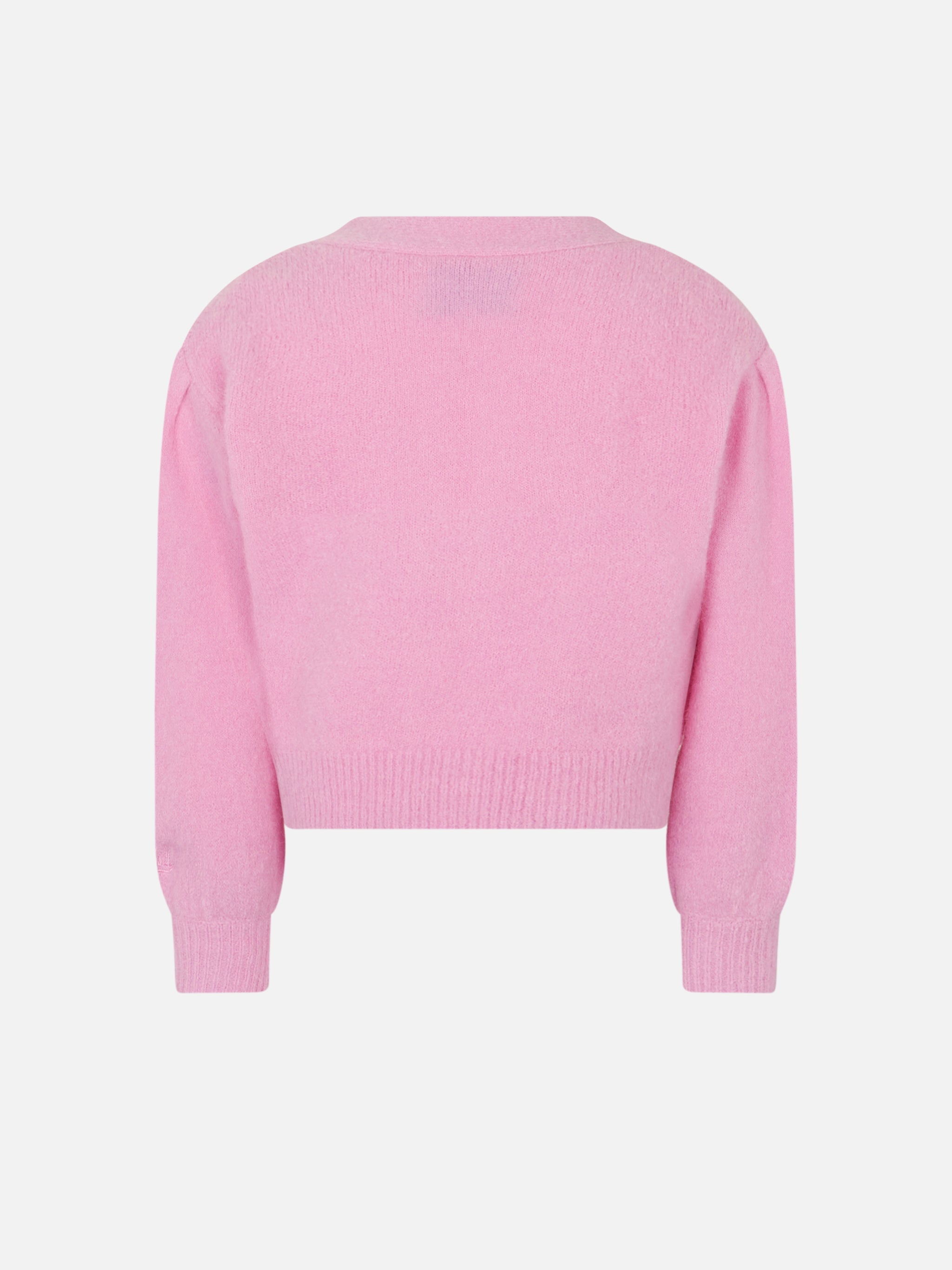 Girl Brushed Cropped Cardigan With Puff Sleeves Pink