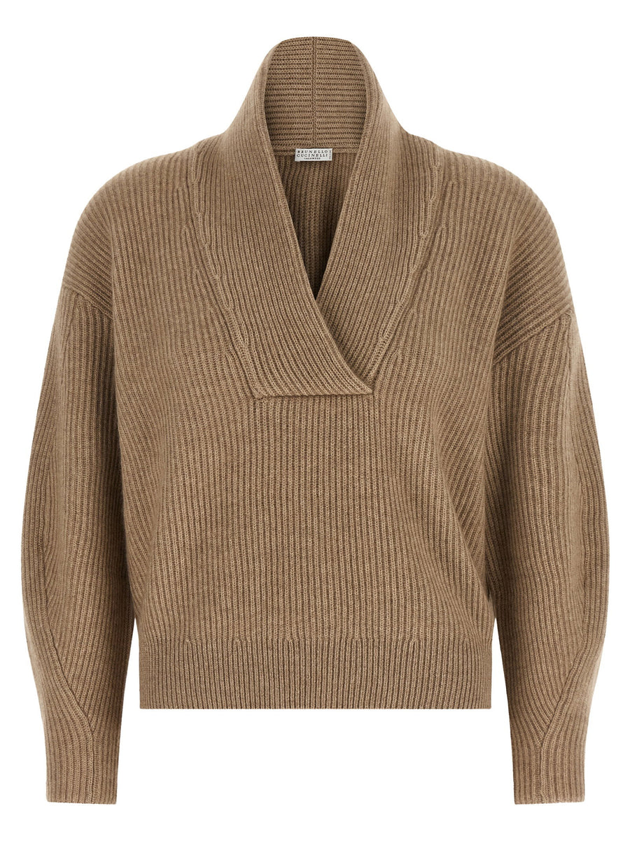 Brunello Cucinelli English Rib Cashmere Sweater — Beige