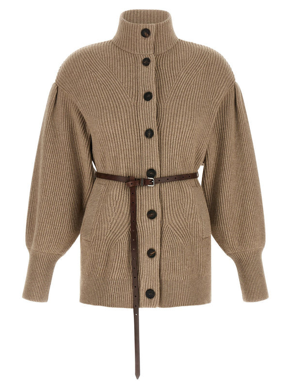Brunello Cucinelli English Half-Ribbed Virgin Wool Cardigan — Beige