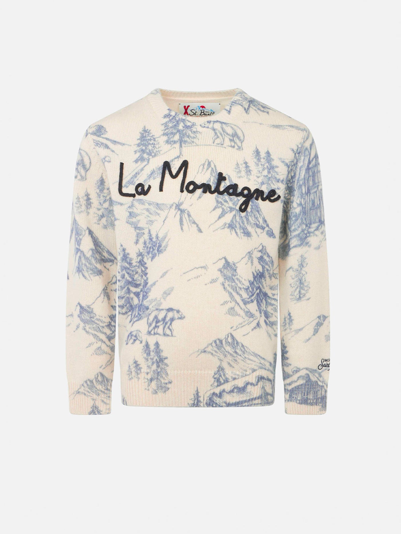 Boy Crewneck Toile De Jouy Sweater With La Montagne Embroidery White