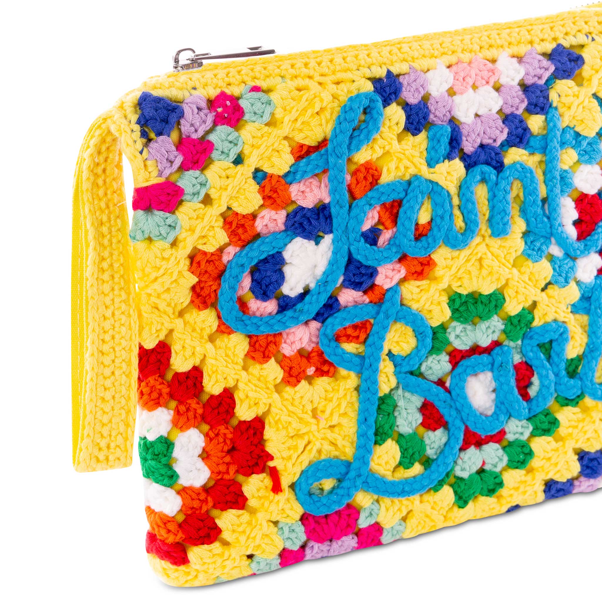 Parisienne Yellow Crochet Pouch Bag With Saint Barth Embroidery Pochette